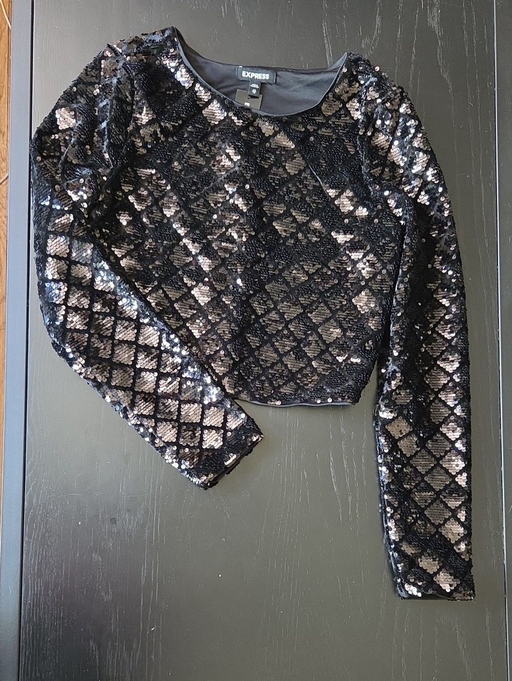 Express Black Sequin Cropped Long Sleeve Top